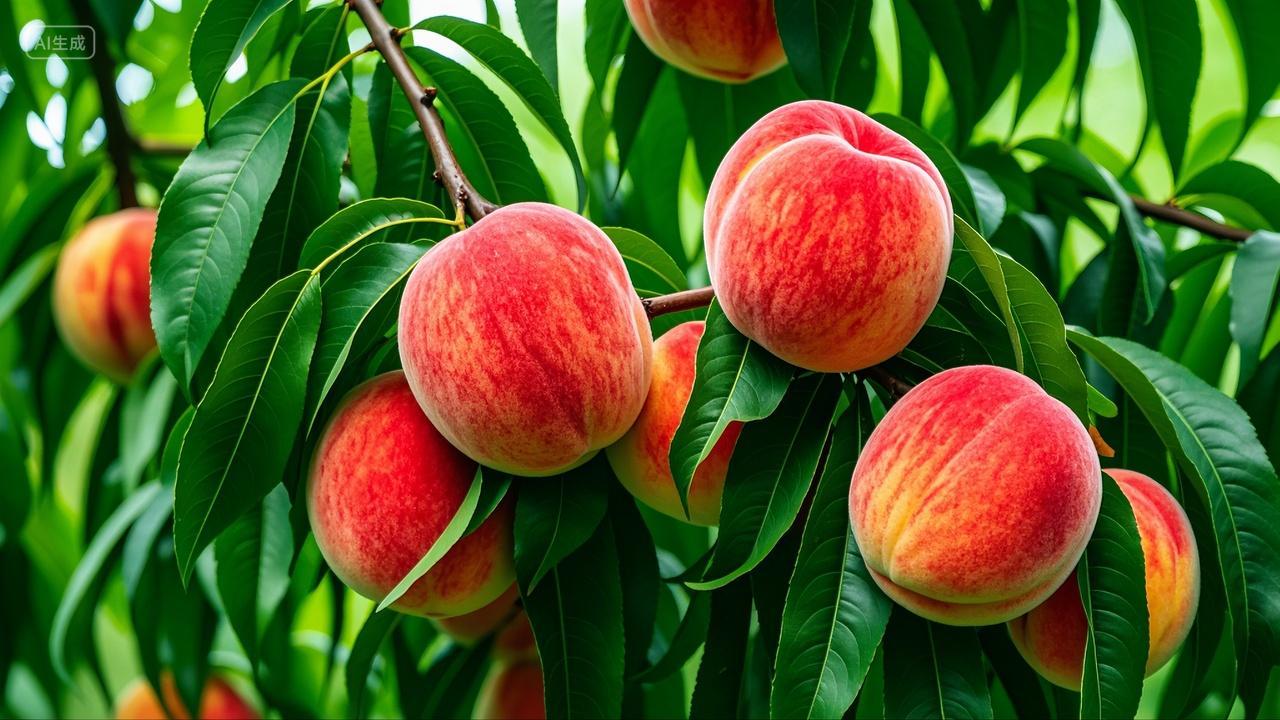 果园里桃树上挂满桃子新鲜水果美食背景