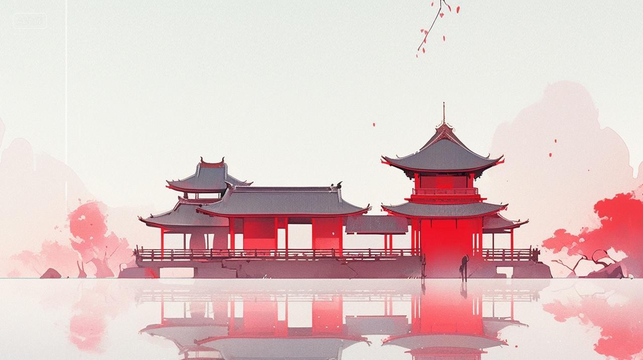 建立在湖泊上红色庄重的古风建筑国庆渐变背景插画