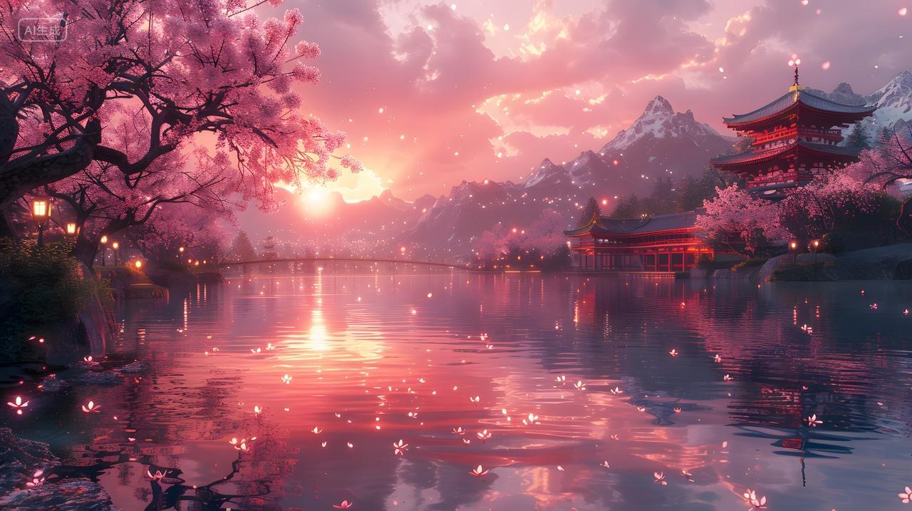 日落樱花湖畔风景日本旅行壁纸