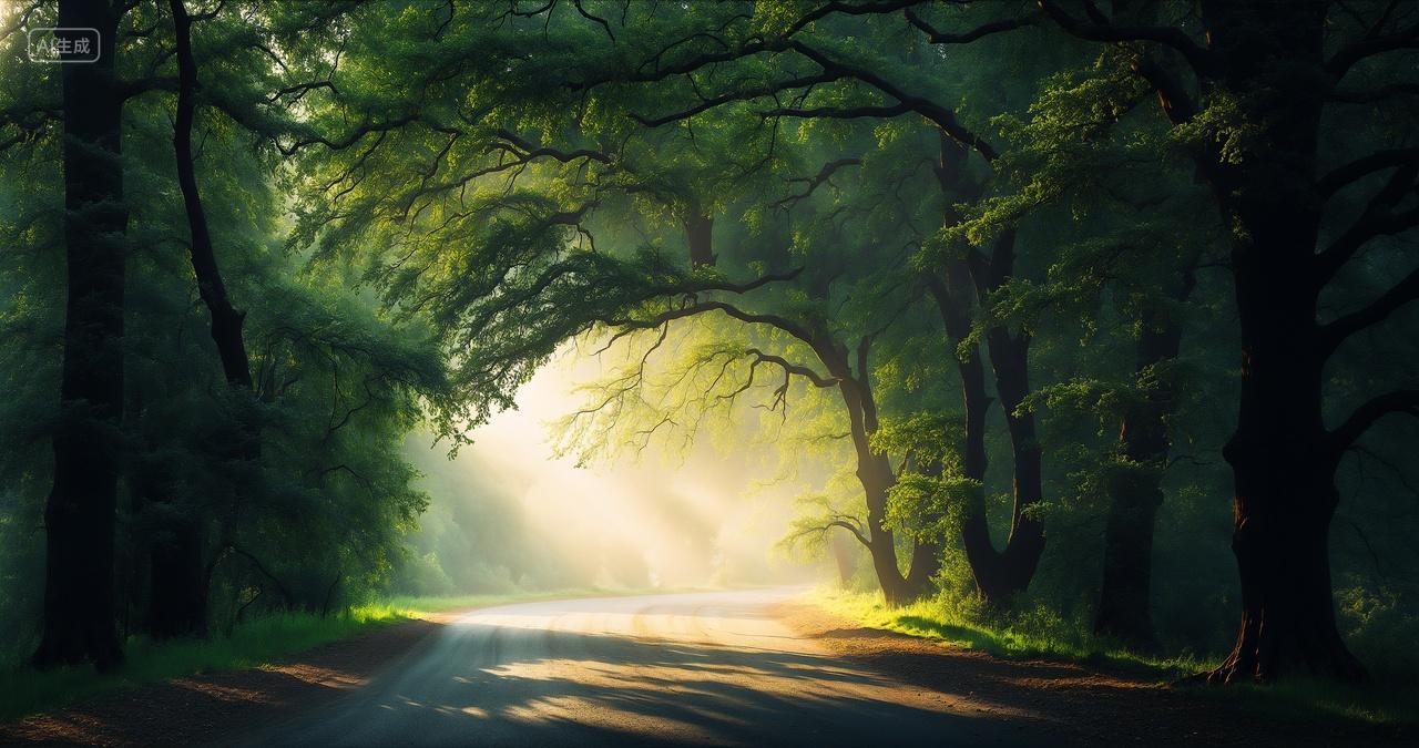 森林树林中公路阳光逆光风景