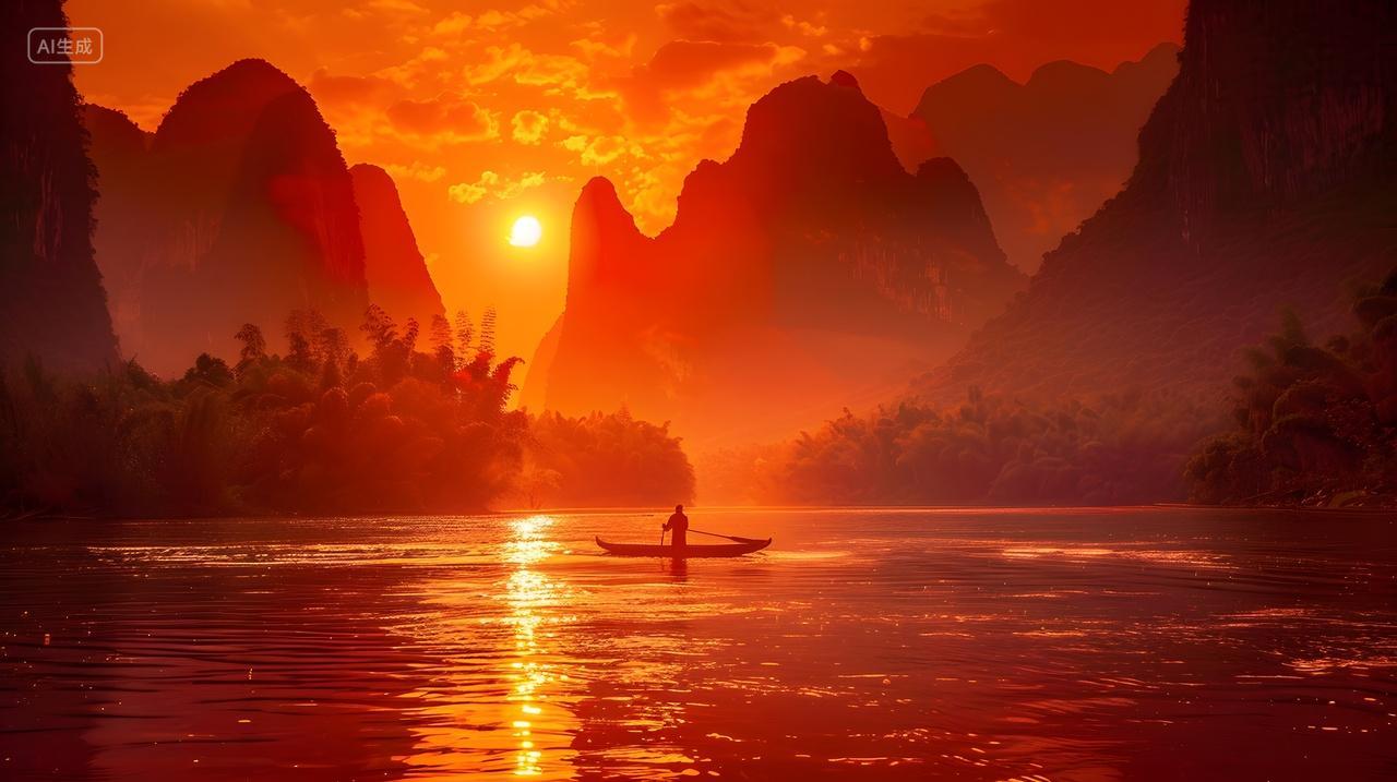 夕阳余晖下的渔夫和湖泊风景壁纸