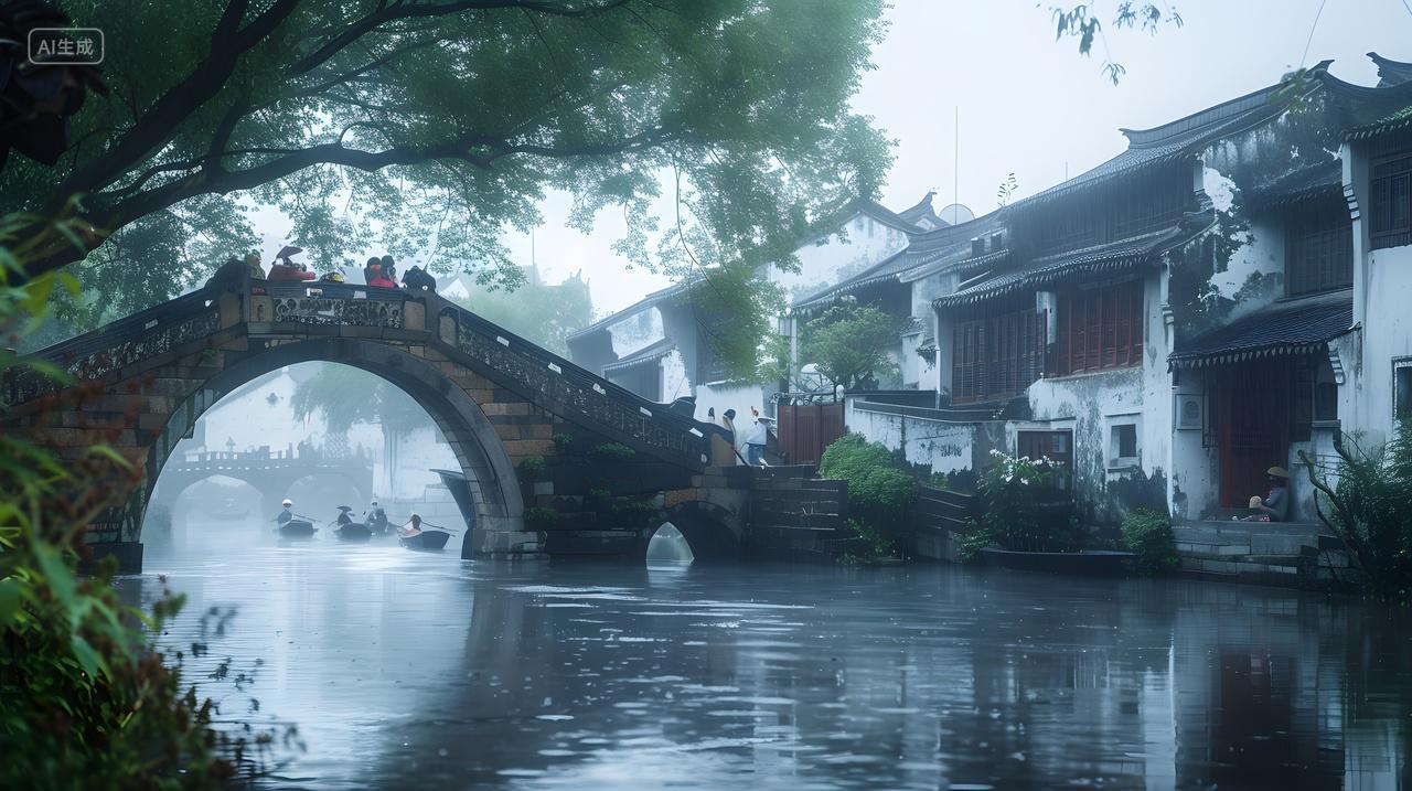 江南水乡石桥清晨风光壁纸