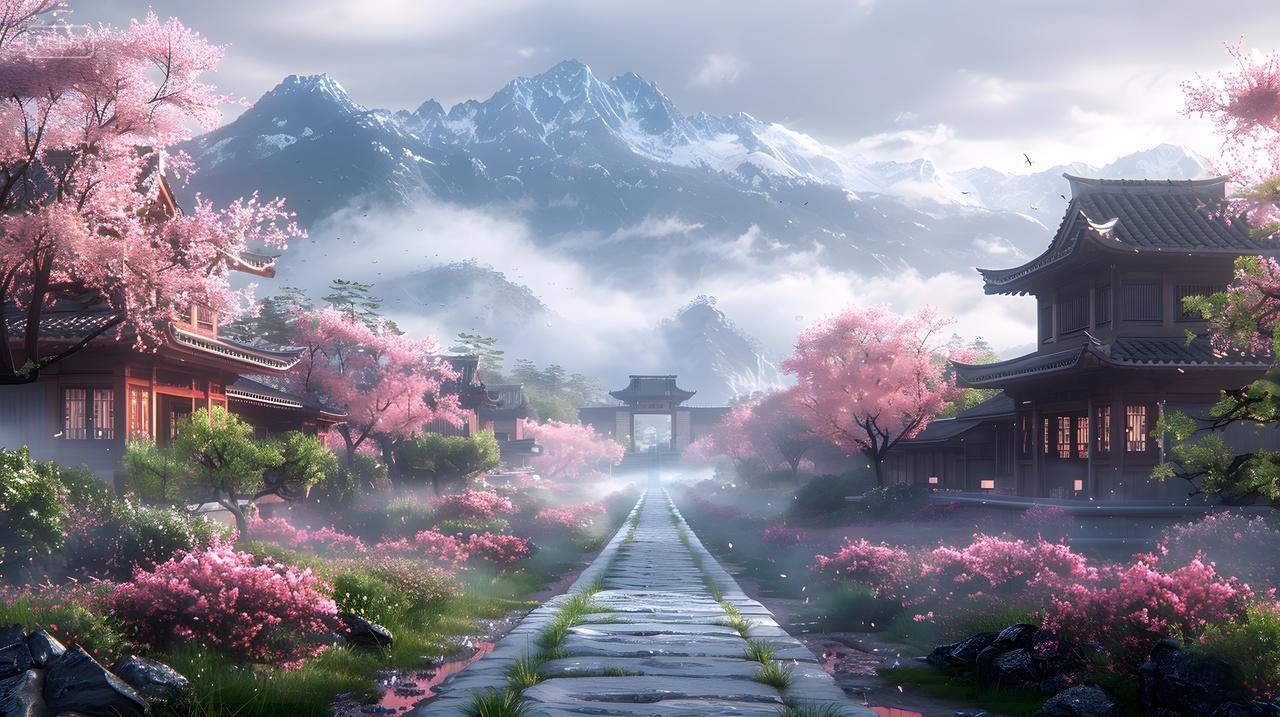 晨雾中的樱花小道日本风景壁纸