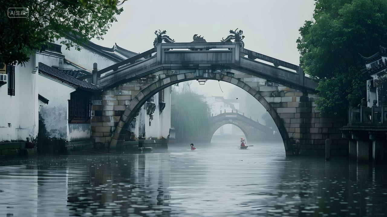 江南水乡石桥雨景旅游风光壁纸