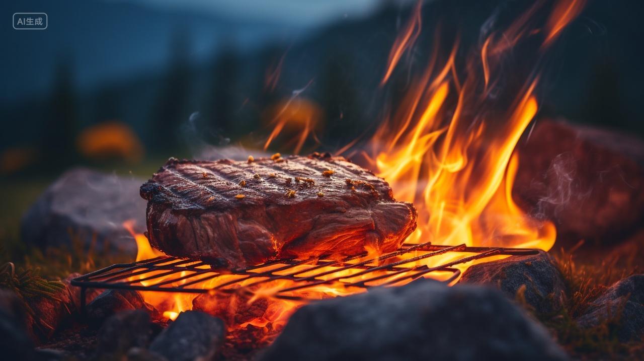 户外露营烧烤烤牛肉牛排美食背景