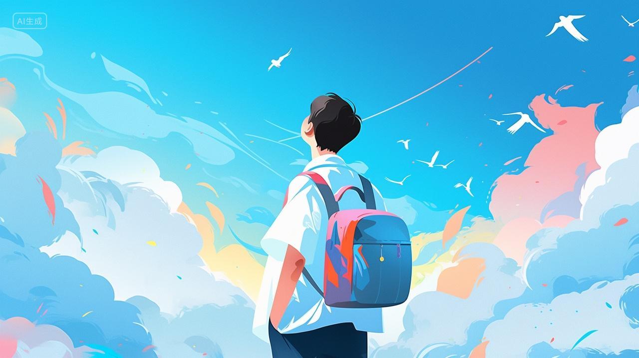 青春男孩背影在天空下遥望远方毕业季