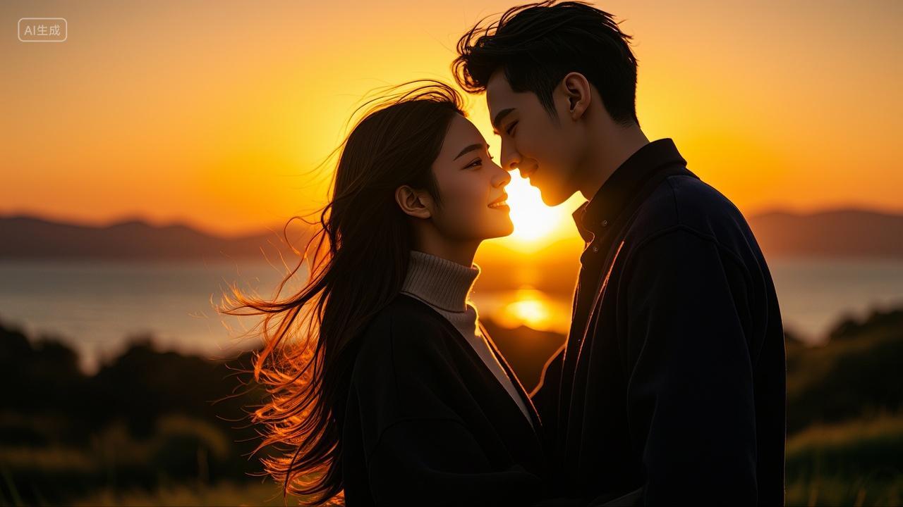 情人节恩爱情侣在夕阳下相拥