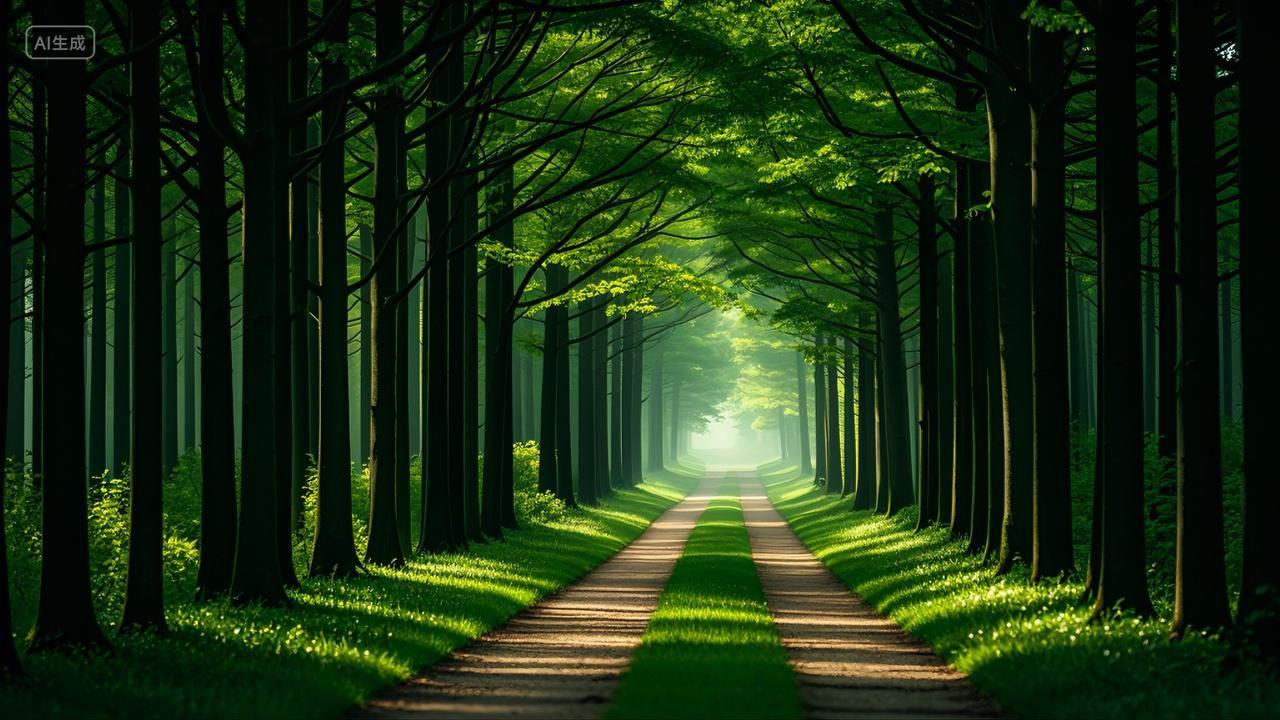 清晨林间小道树林草地小路风景壁纸