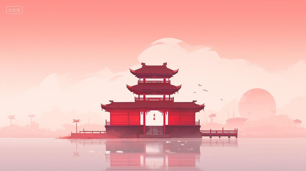 建立在湖泊上的红色古建筑国庆中秋除夕元旦春季