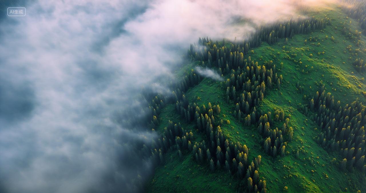 航拍云雾森林山林草地自然风光电脑壁纸
