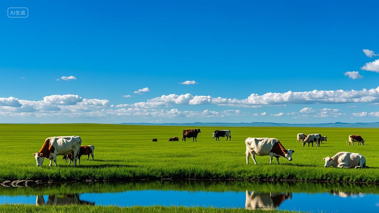 内蒙古呼伦贝尔大草原牛羊群湖泊风景壁纸旅游宣传