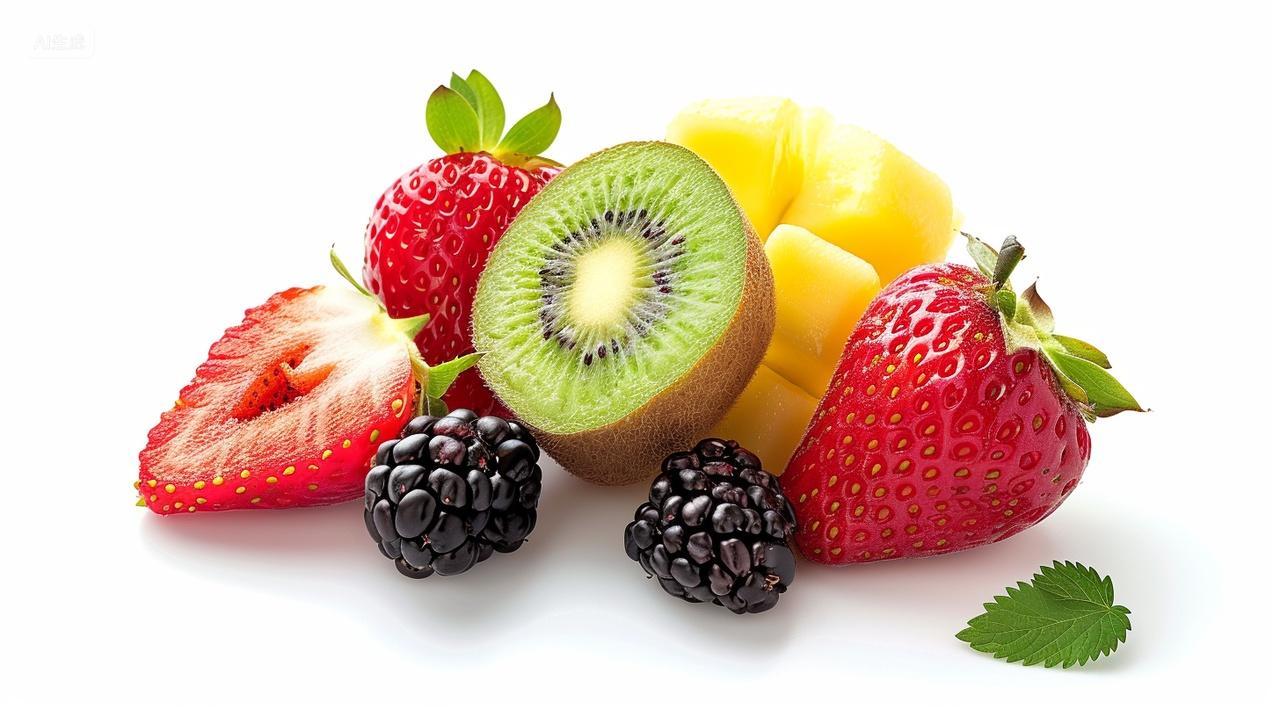 新鲜水果组合水果一堆水果夏季水果白底背景草莓猕猴桃菠萝桑葚
