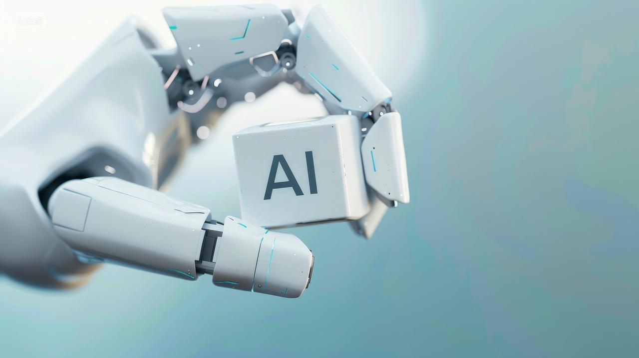 白色机器人手掌手握带有AI字母的方块