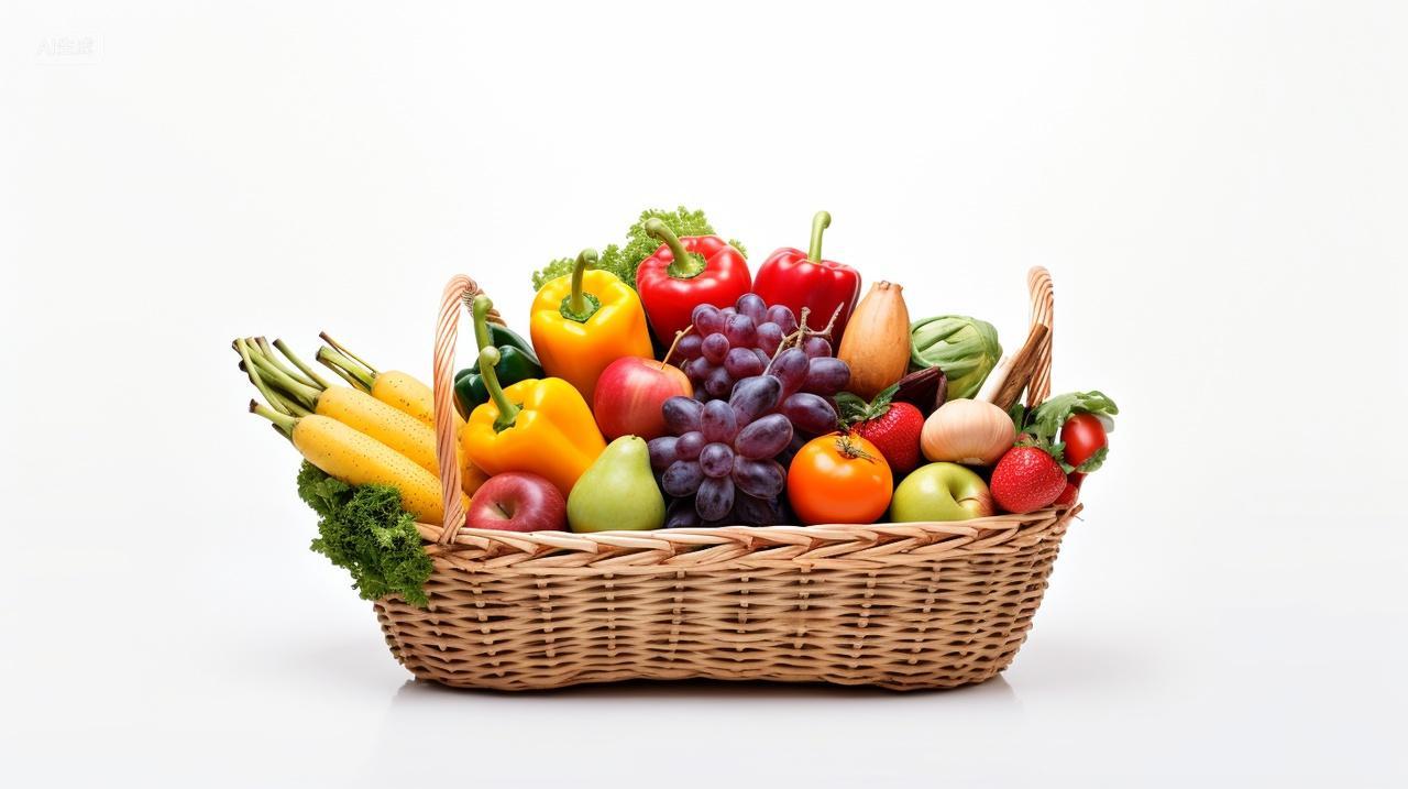 新鲜果蔬一筐水果和蔬菜果蔬组合白底背景