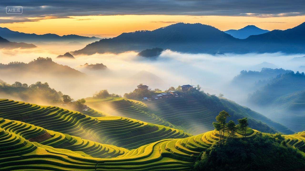 梯田背景美景宁静水雾缭绕壁纸