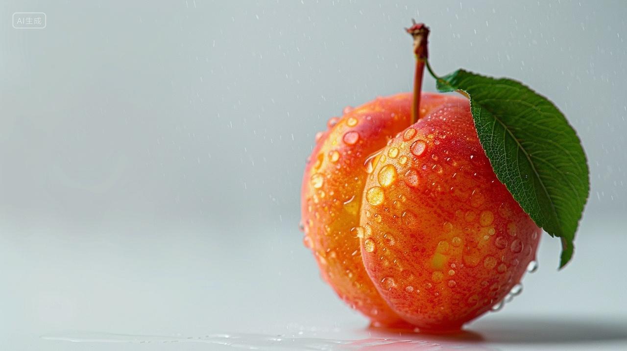 新鲜水果桃子一颗桃白色背景时令水果夏季水果带露珠绿叶