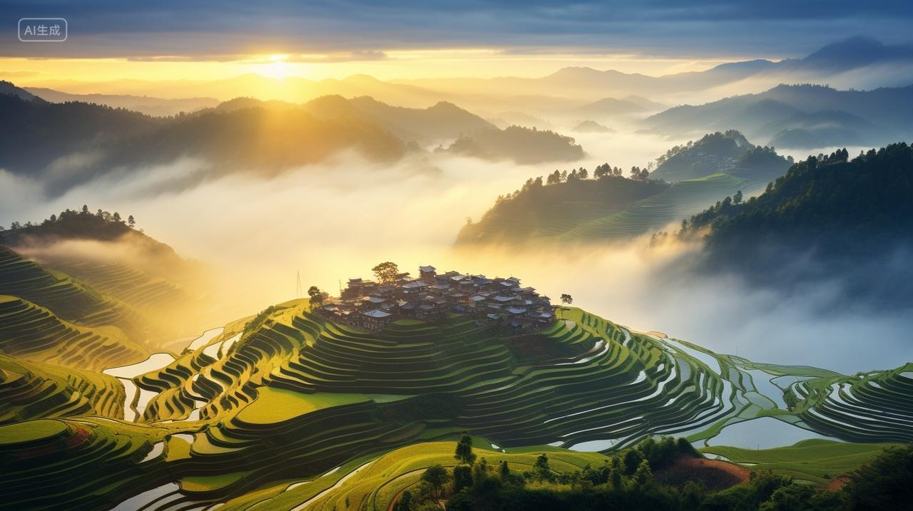 梯田背景美景宁静水雾缭绕壁纸日出自然风景