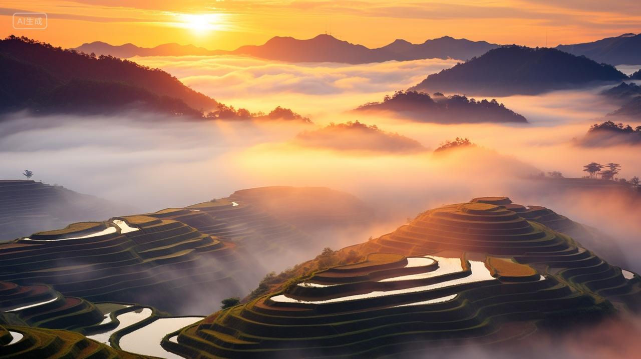 元阳梯田傍晚夕阳背景美景