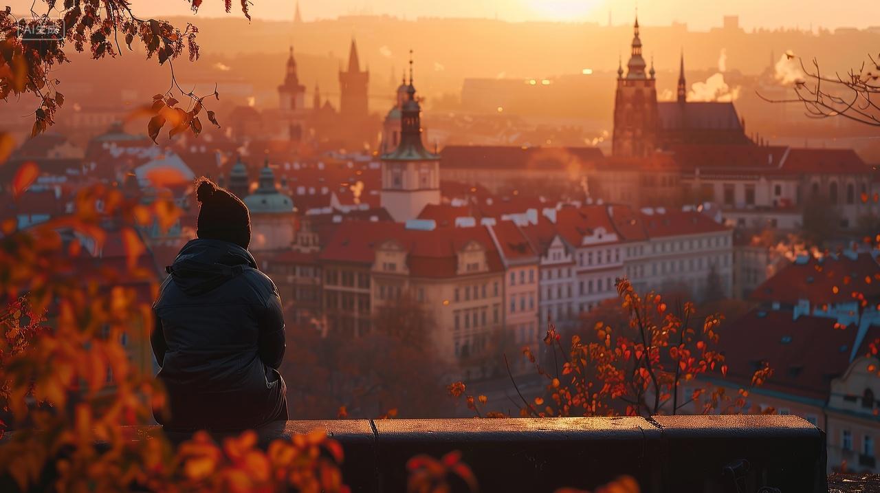 一个人坐在高处看向远处的城市