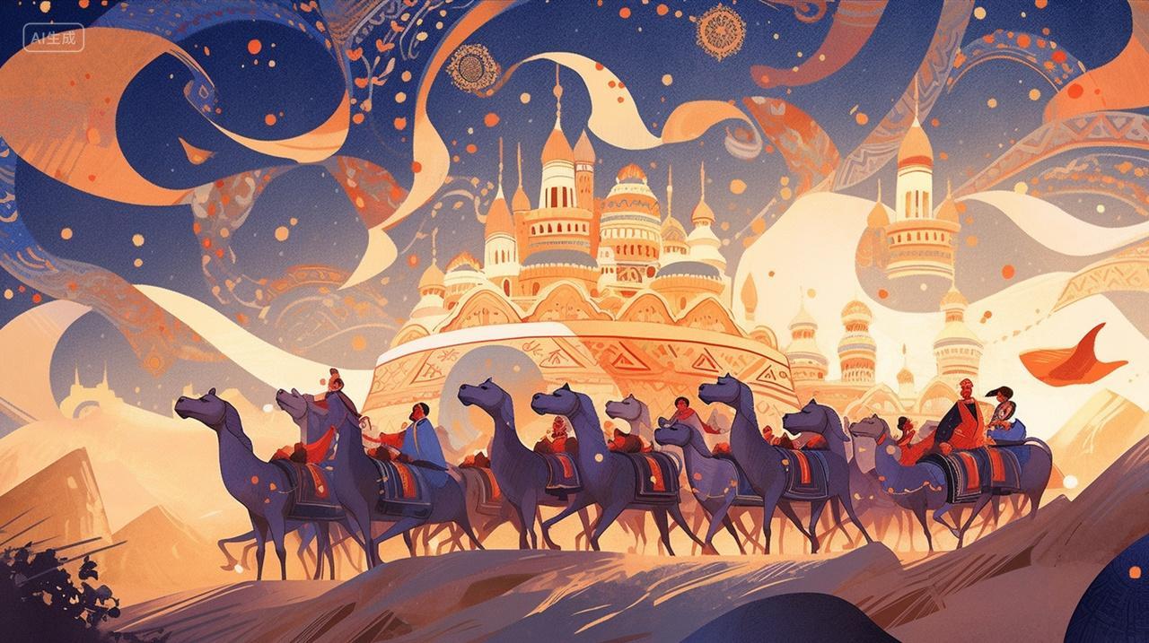 一群骆驼商队异域建筑一带一路丝绸之路古风背景国风素材插画