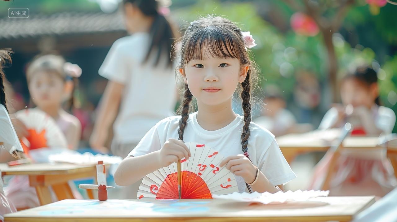 拿着扇子画画女孩夏令营培训活动