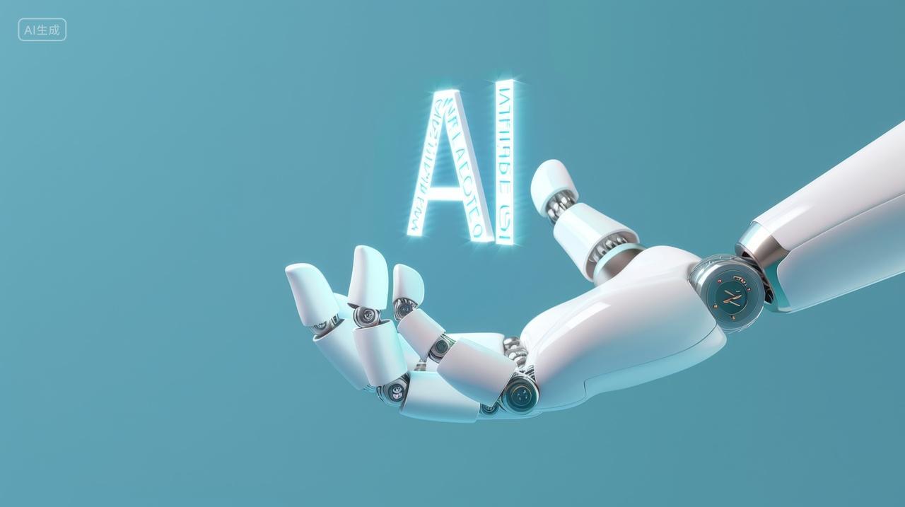 白色机器人手掌之上漂浮着AI字母