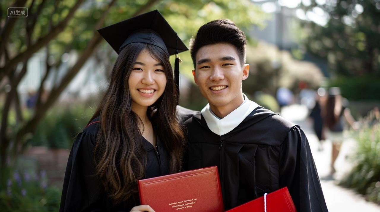 毕业季大学情侣身穿毕业服手拿毕业证合影拍照