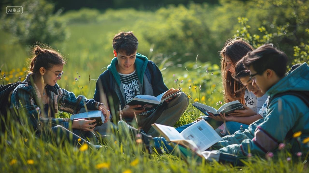 大学生在户外看书读书读书日