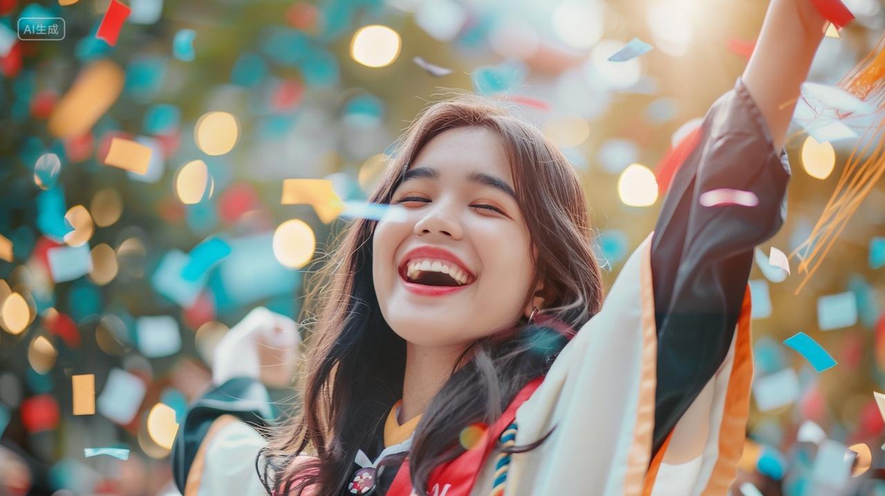 毕业季拿着毕业文凭毕业证学士服庆祝的亚洲女孩研究生人像