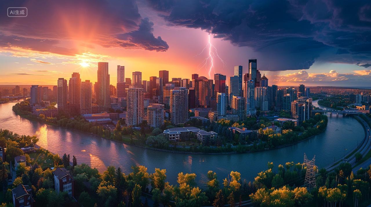 城市雷电晚霞