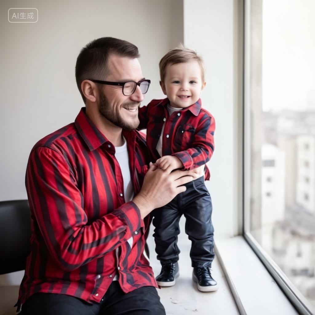 父亲节父亲带儿子看窗外风景温馨画面