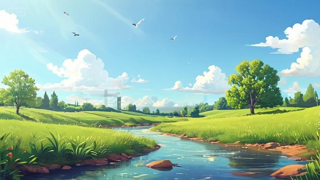 夏至夏季森林里青青草原上的河流插画背景