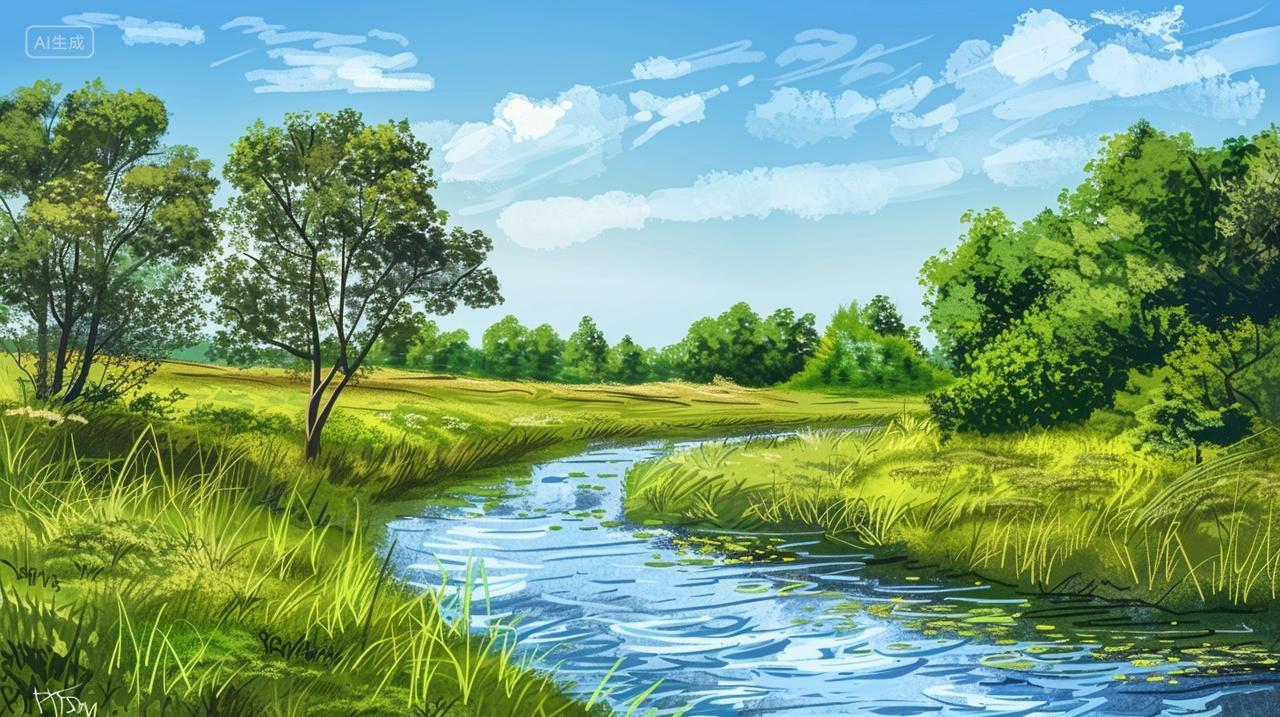 夏至夏季夏天森林里青青草原上的小河流插画