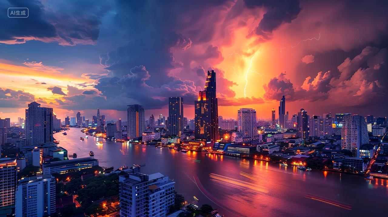 城市雷电晚霞