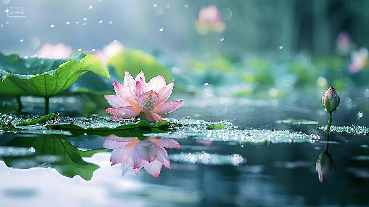 夏至二十四节气清新夏天荷塘荷花盛开荷叶翠绿自然风景