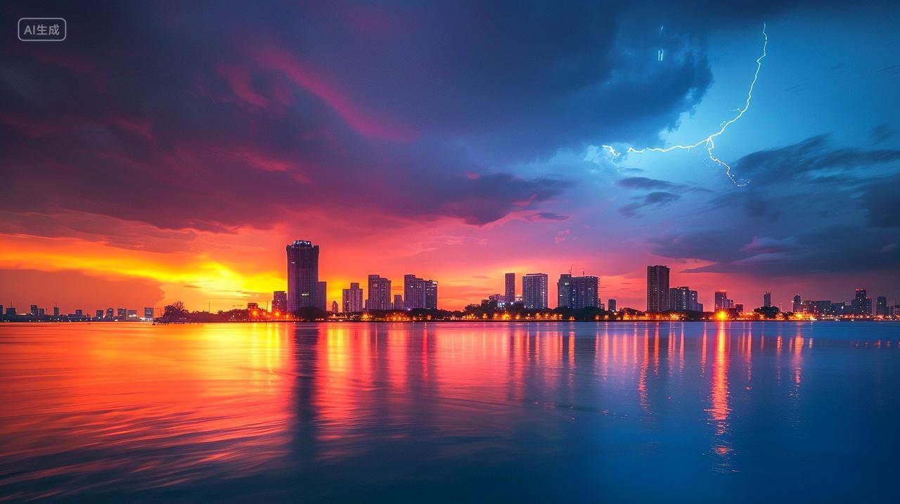 城市雷电晚霞