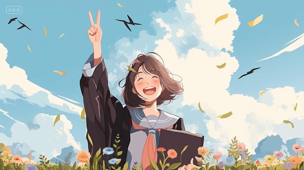 毕业季，穿着学士服的女孩对着镜头开心的举着手