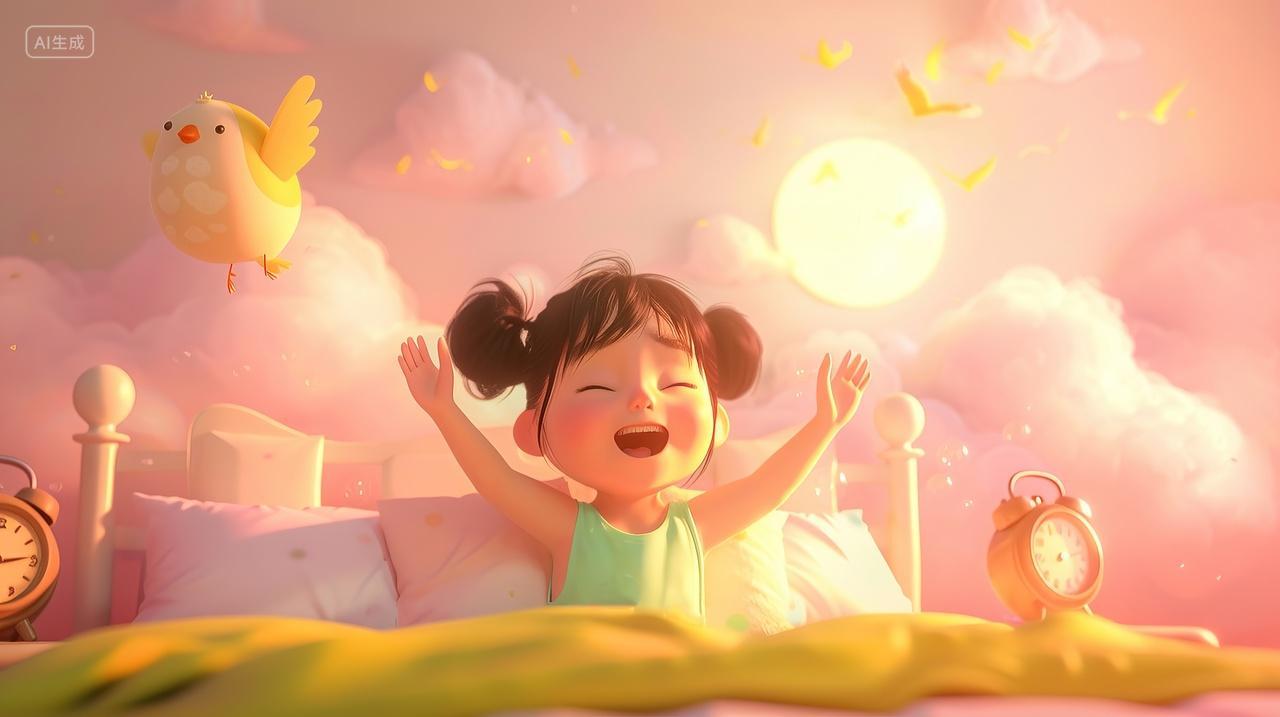 早晨一个小女孩在床上伸懒腰