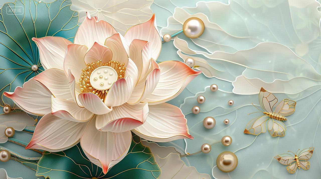 精美的荷花和珍珠美妆化妆品养生装饰画壁画