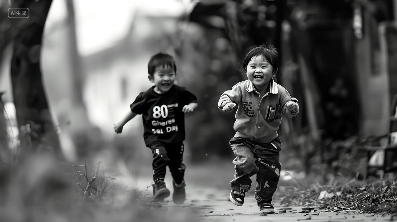 黑白两个奔跑的儿童