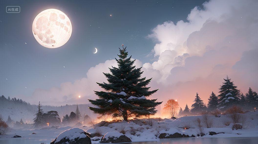 唯美景色月色松柏夜景插画绘画壁纸