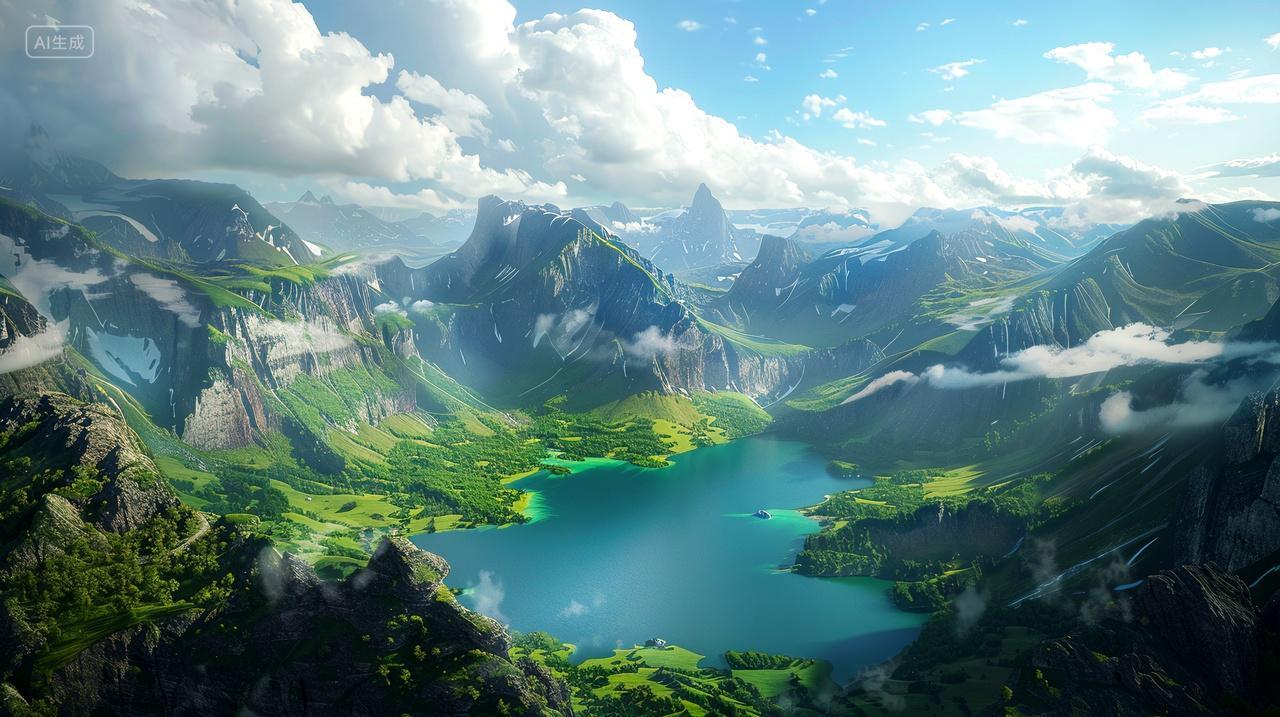 青山碧水映蓝天,白云悠悠绕湖间