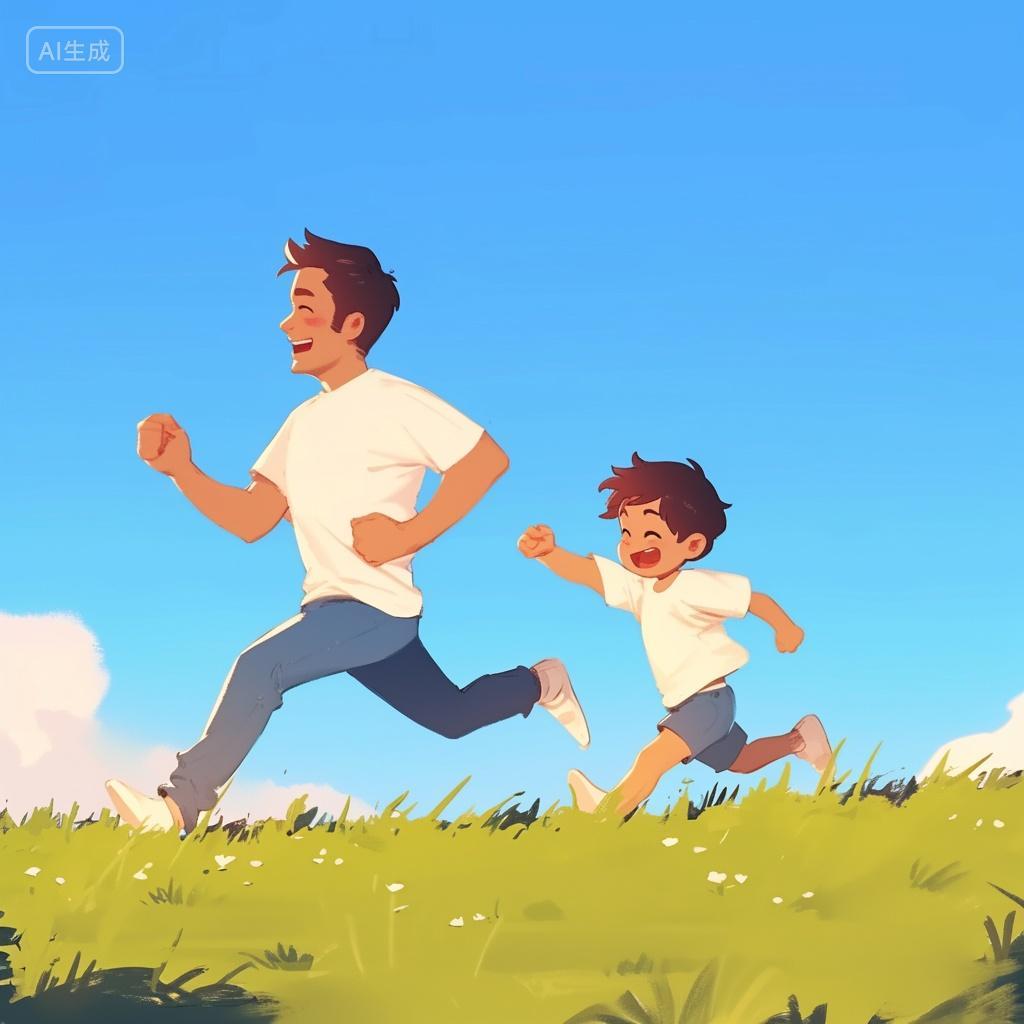 父亲节人物爸爸父亲父亲节人像父爱感恩父亲节一名父亲和一个小男孩在草地上奔跑