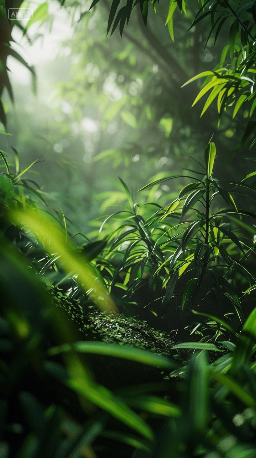 生机勃勃的森林深处绿色背景植物背景