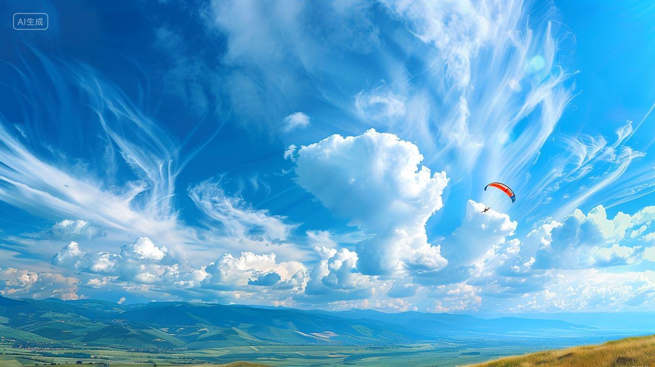 蓝天拥抱着滑翔伞影