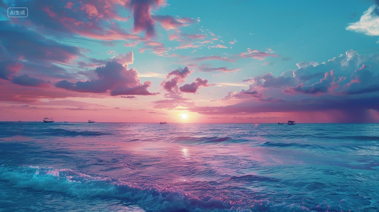 粉色云彩下的海洋舟行