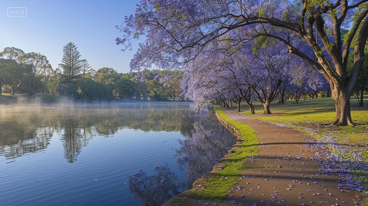 蓝花楹绽放小路旁湖畔宁静怡人