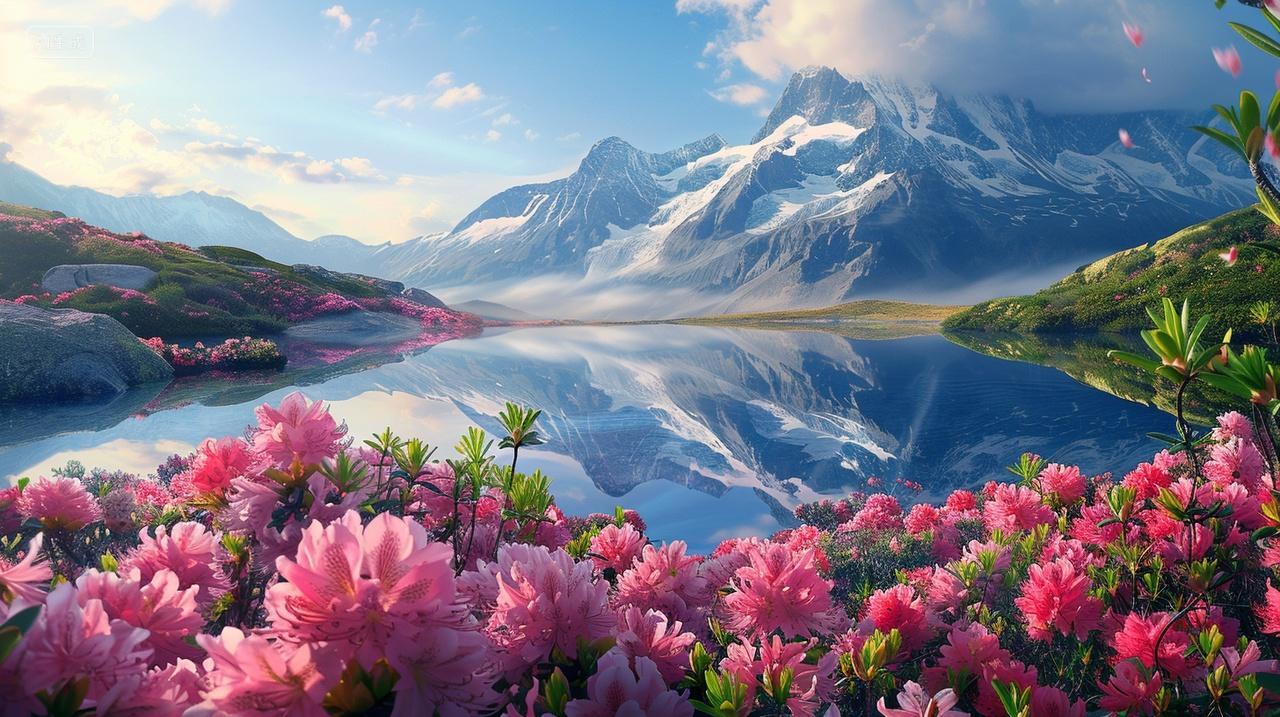 湖光映雪山杜鹃舞春晖