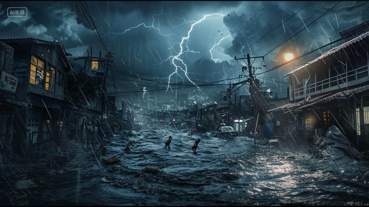 雷雨交加众生涉水前行