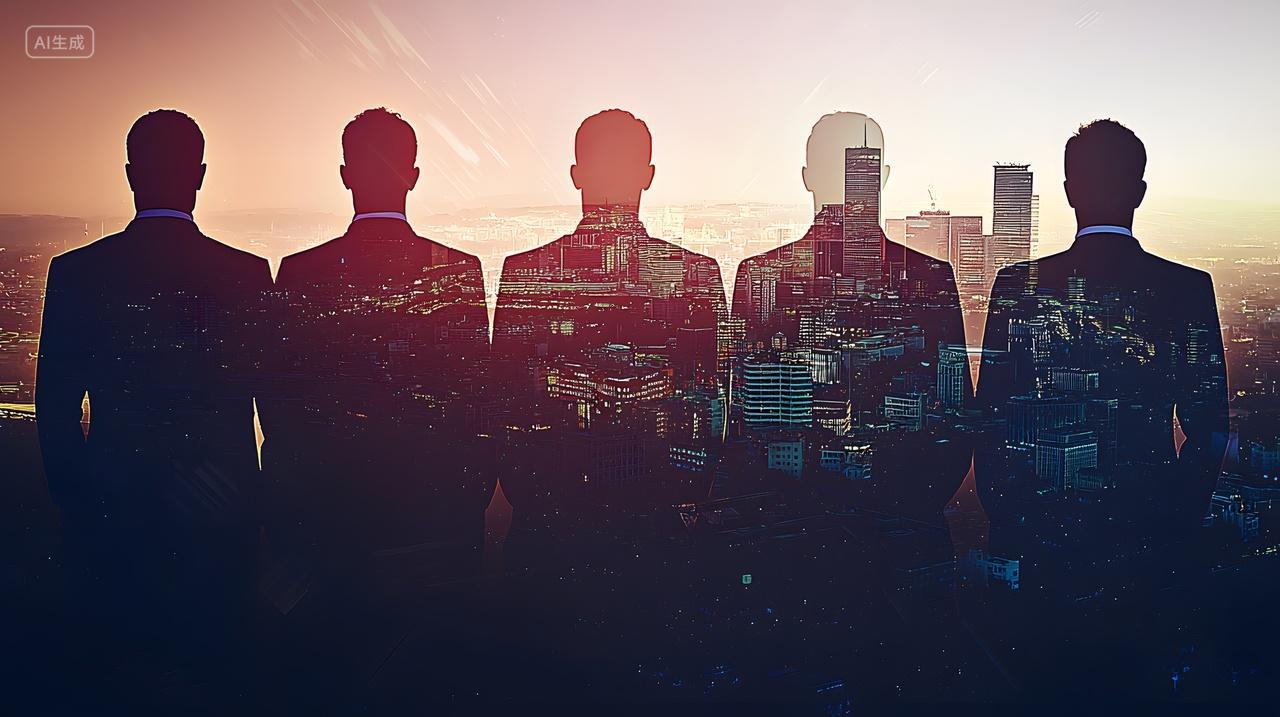 有城市天际线背景四位商界专业人士